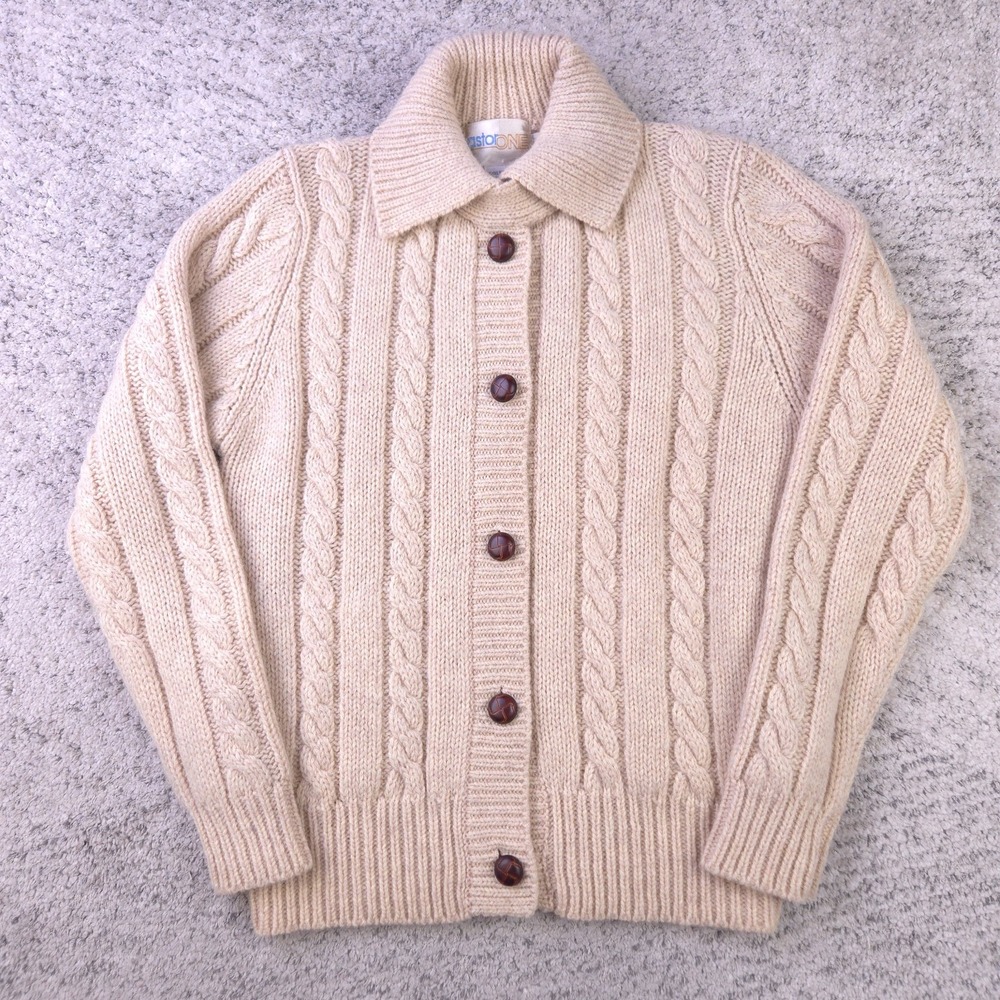 VTG Astor One Cable Knit Sweater Womens Medium Cardigan Wool Collared Ivory